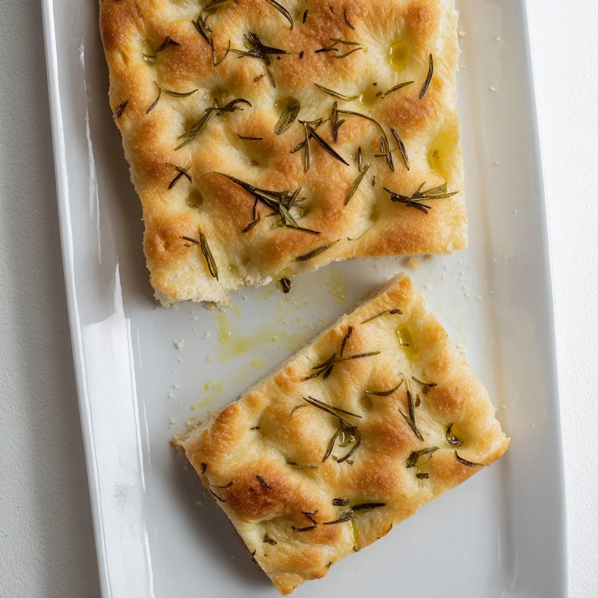 Crispy outside, soft inside focaccia sprinkled with flaky salt and fragrant rosemary leaves