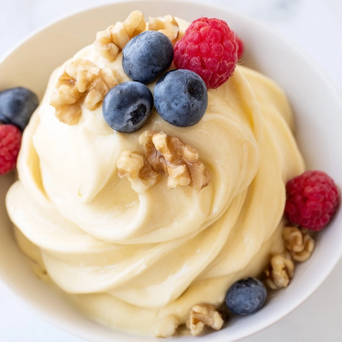 Creamy banana nice cream recipe scooped into bowls topped with fresh berries and chopped nuts