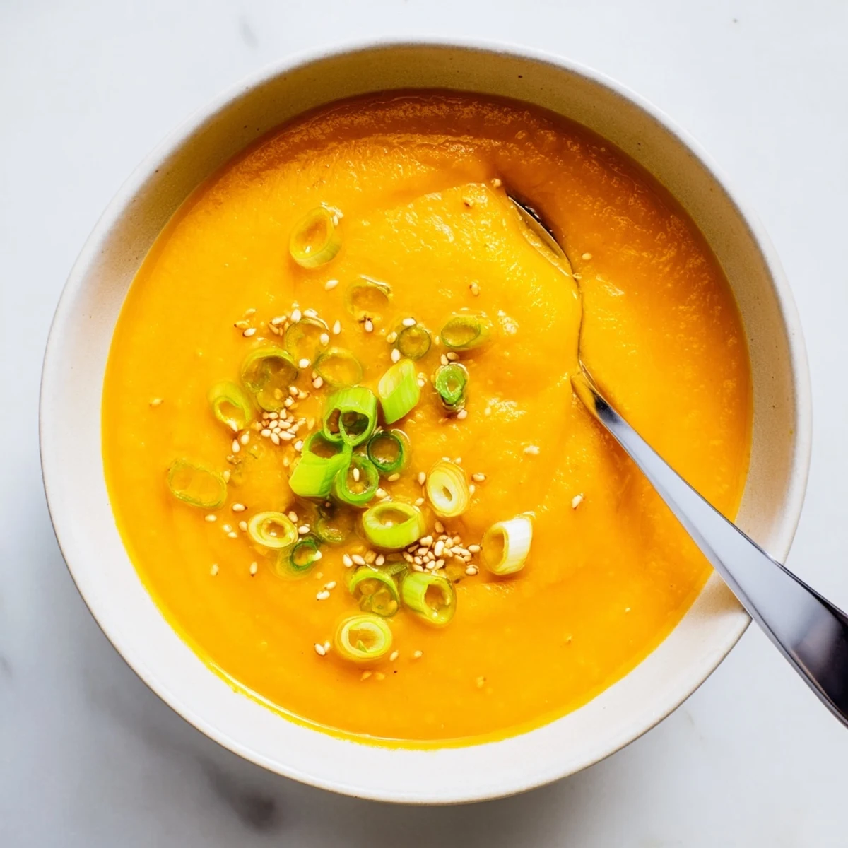 Bowl of Carrot Ginger Miso Soup Recipe, pureed carrots with toasted sesame