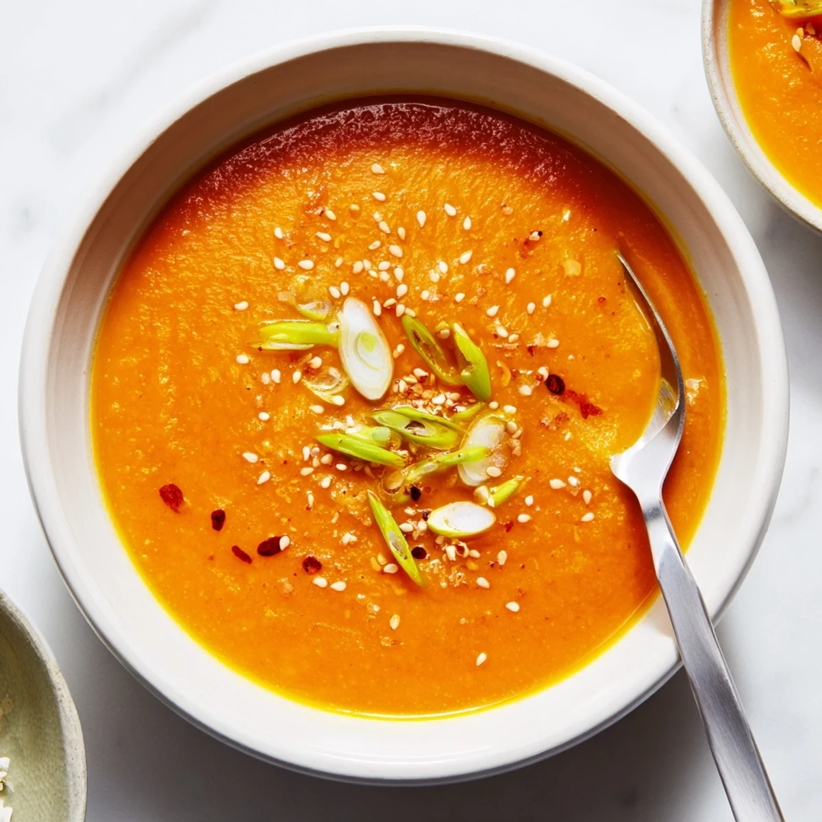 Steaming Carrot Ginger Miso Soup Recipe served with crusty bread and scallions