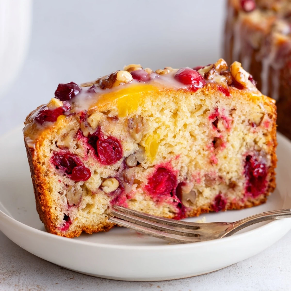 Sliced Cranberry Orange Bread with glossy citrus glaze, steaming on wire rack.