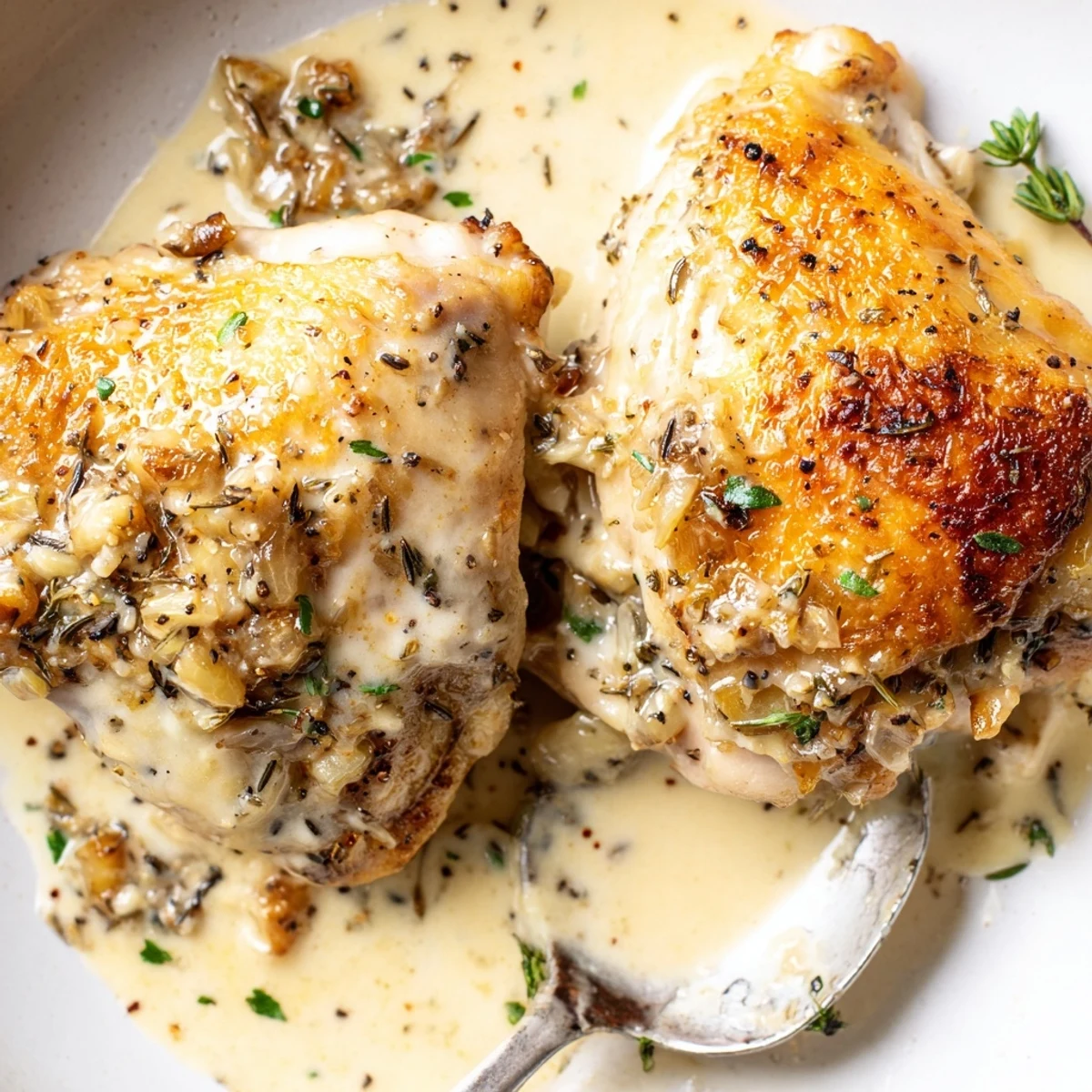 Sear-crisped skin over herb-flecked cream: Creamy Garlic Chicken Thighs With Herbs