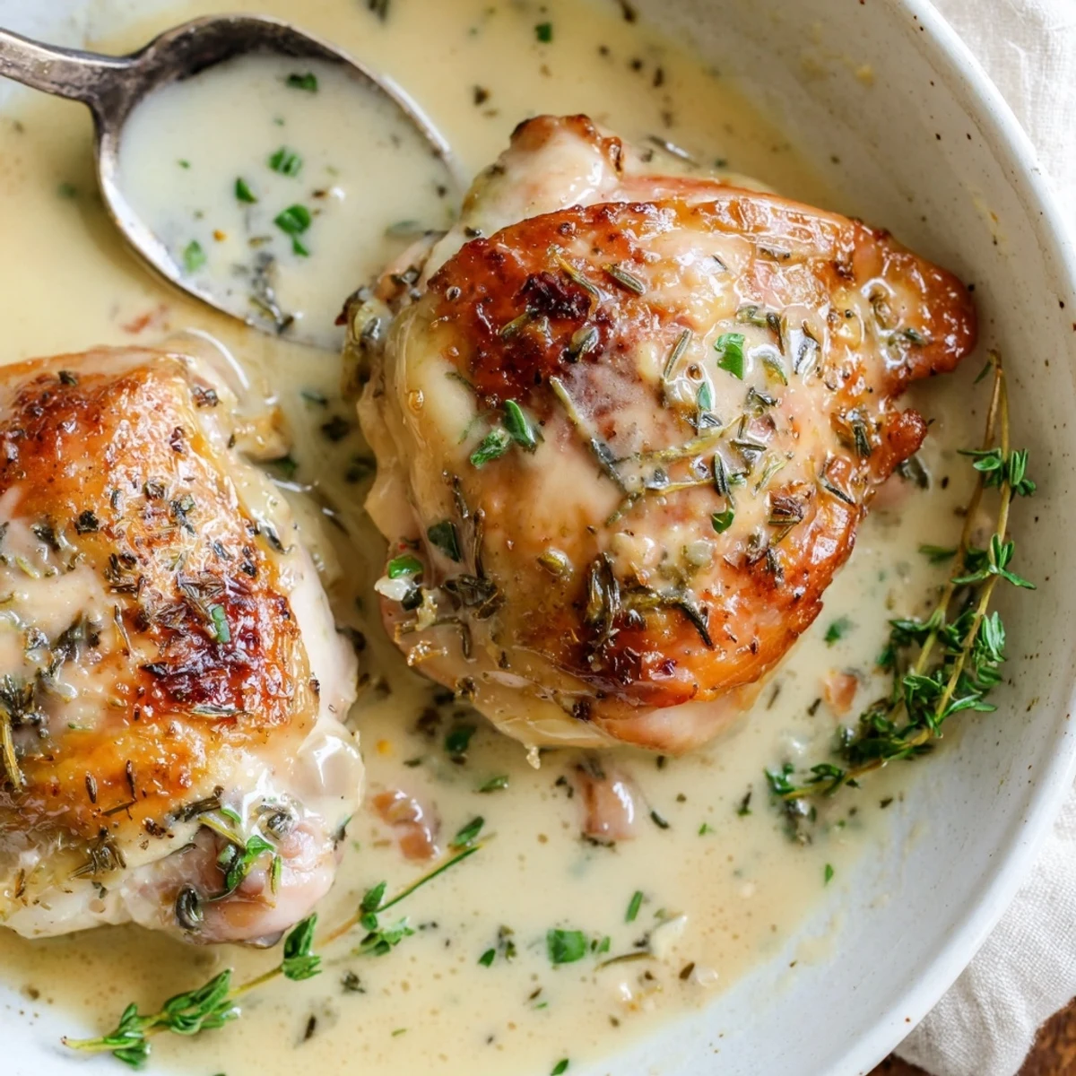 Pan-seared Creamy Garlic Chicken Thighs With Herbs resting atop creamy mashed potatoes