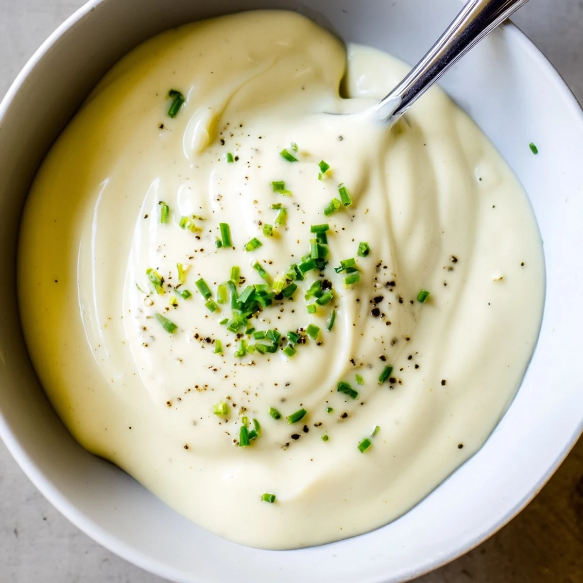 Creamy Tangy Sauce in a bowl, silky texture, lemon wedge garnish  