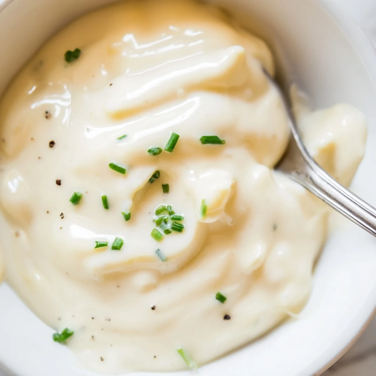 Bright Creamy Tangy Sauce drizzled over roasted vegetables, flecks of herbs  