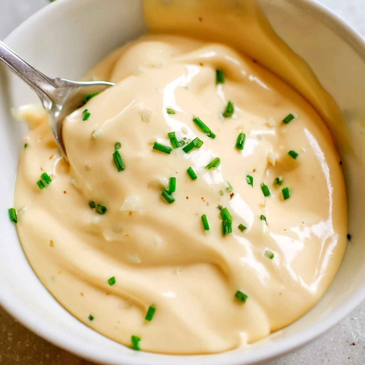 Chilled Creamy Tangy Sauce spooned beside veggie sticks, garlicky aroma, smooth consistency