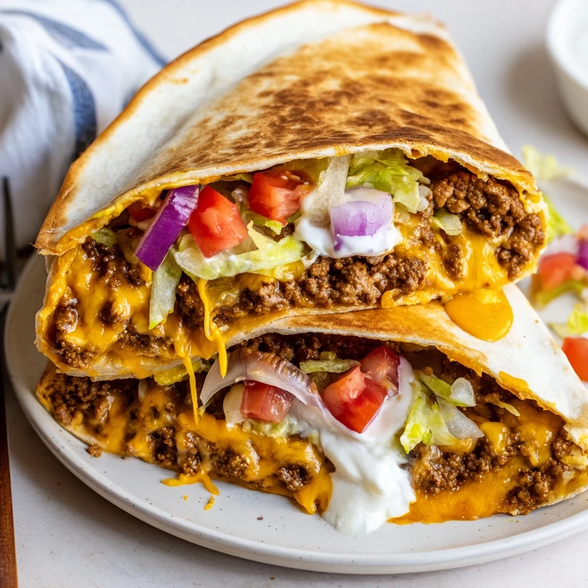 Golden toasted Ultimate Cheesy Beef Crunch Wraps oozing cheddar, crisp tortilla crunch