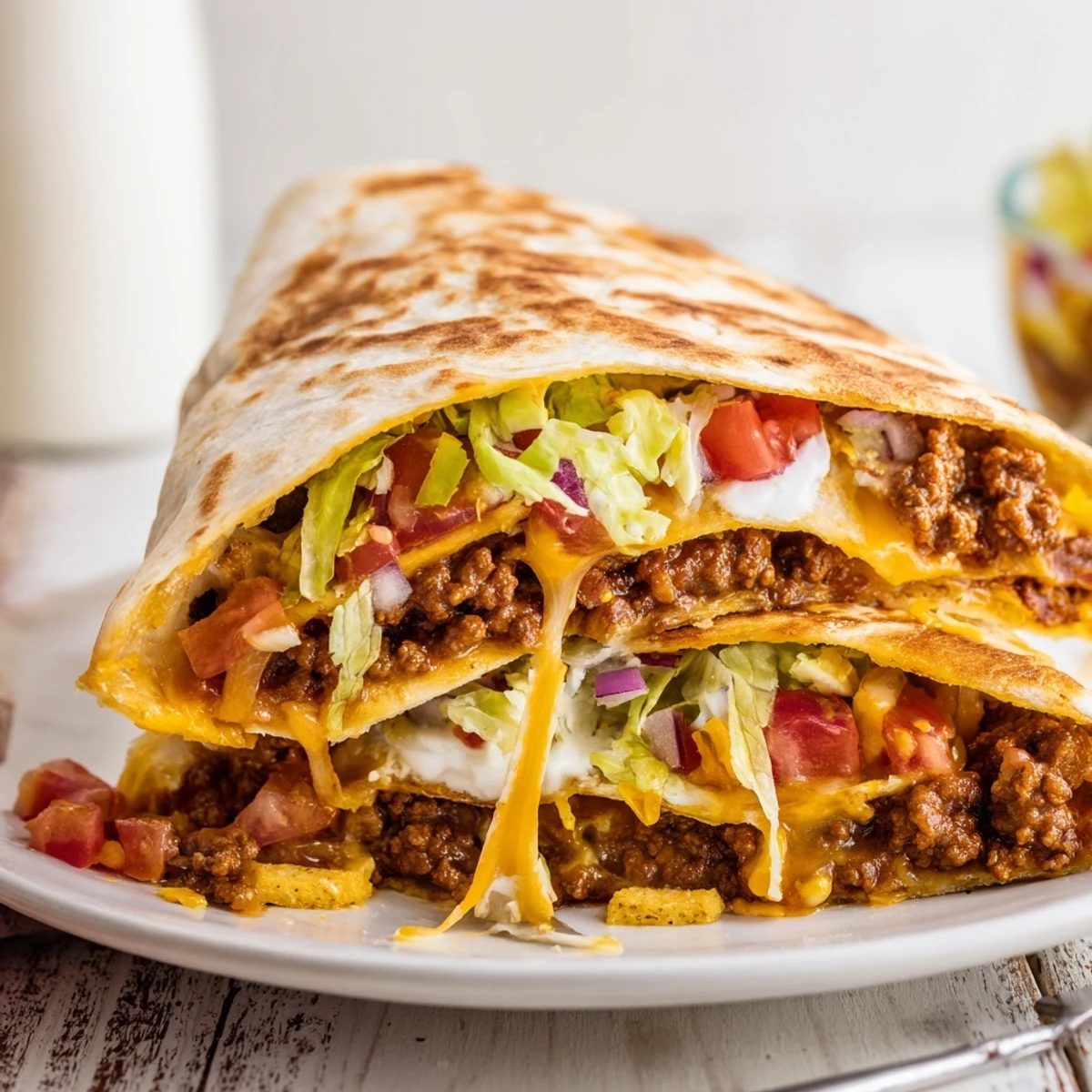 Warm Ultimate Cheesy Beef Crunch Wraps sliced in half, steaming with salsa