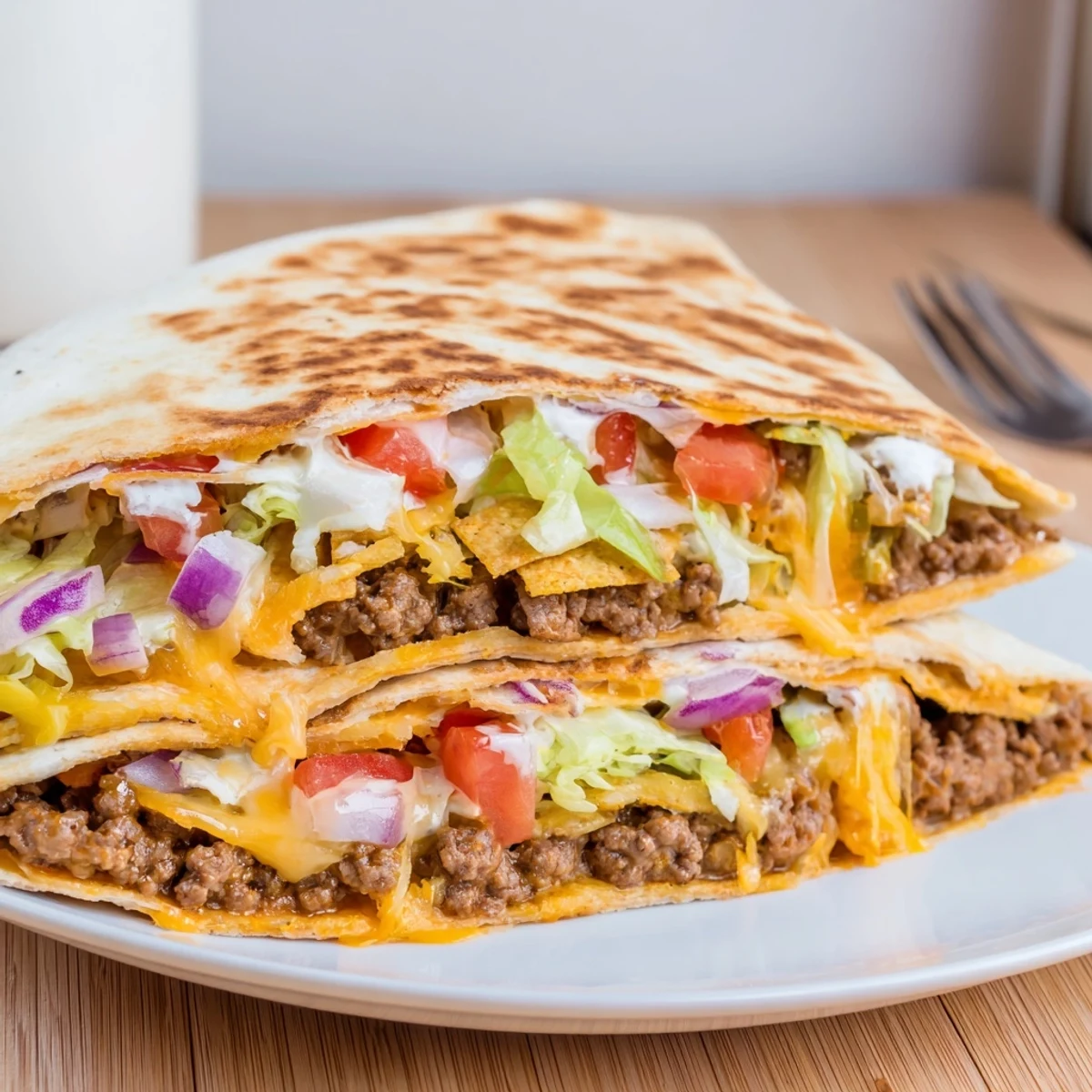 Handheld Ultimate Cheesy Beef Crunch Wraps served with cool sour cream and guacamole