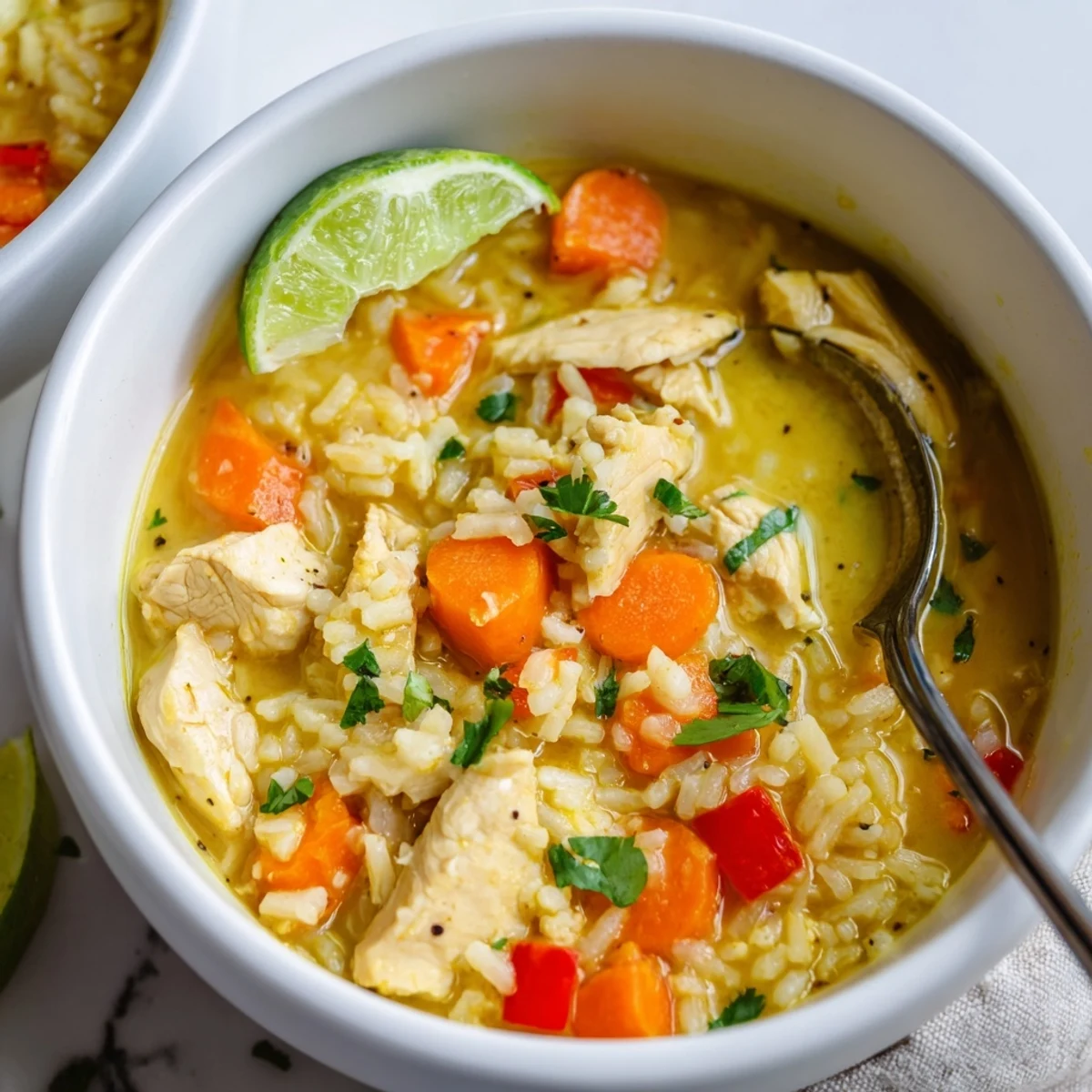 Golden Coconut Chicken Rice Soup steaming in bowl, creamy turmeric aroma, lime wedge