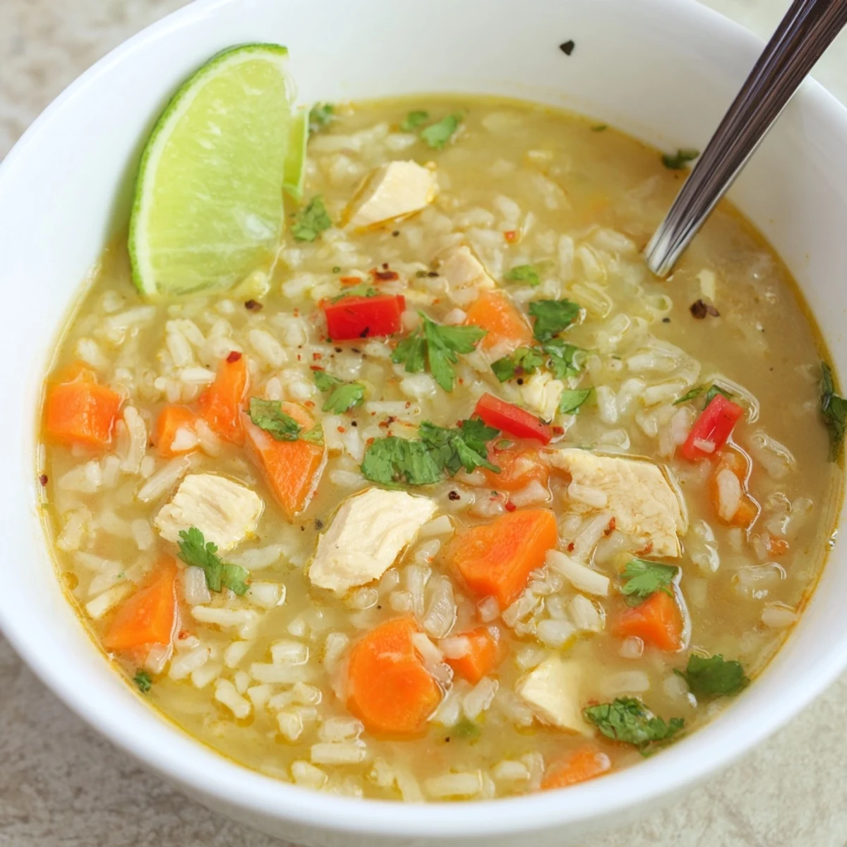 Golden Coconut Chicken Rice Soup simmering in Dutch oven, fragrant ginger and turmeric