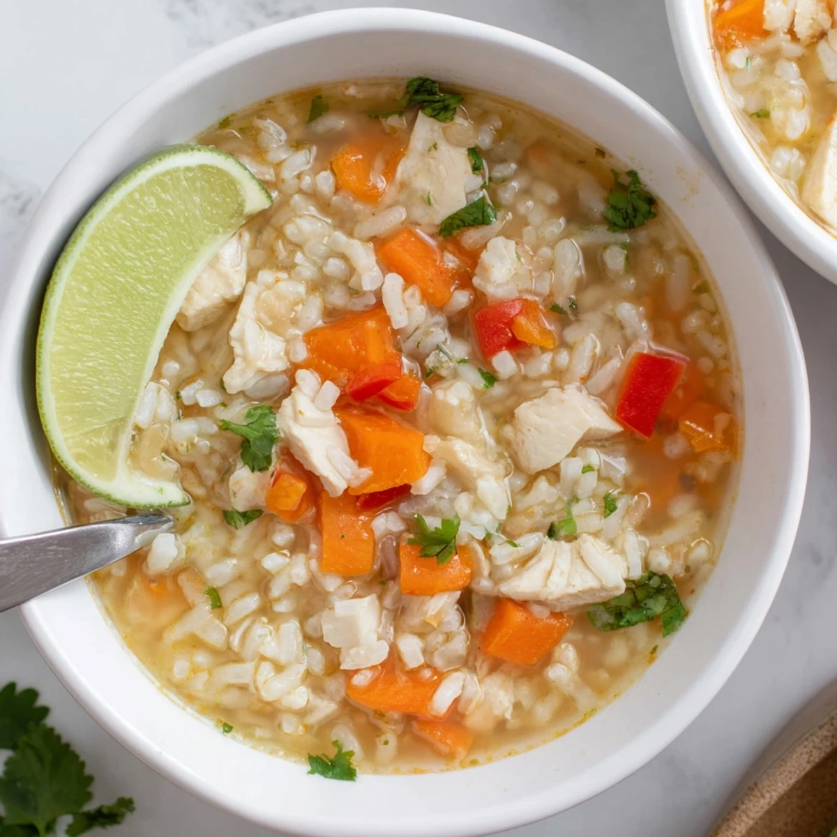 Warm Golden Coconut Chicken Rice Soup ladled into bowls, tender chicken and rice