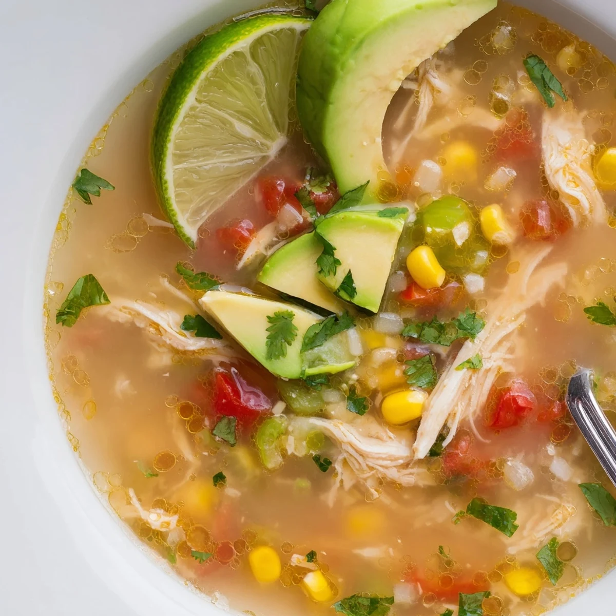 Hearty Bold Zesty Chicken Lime Soup Recipe, tangy broth, avocado and lime