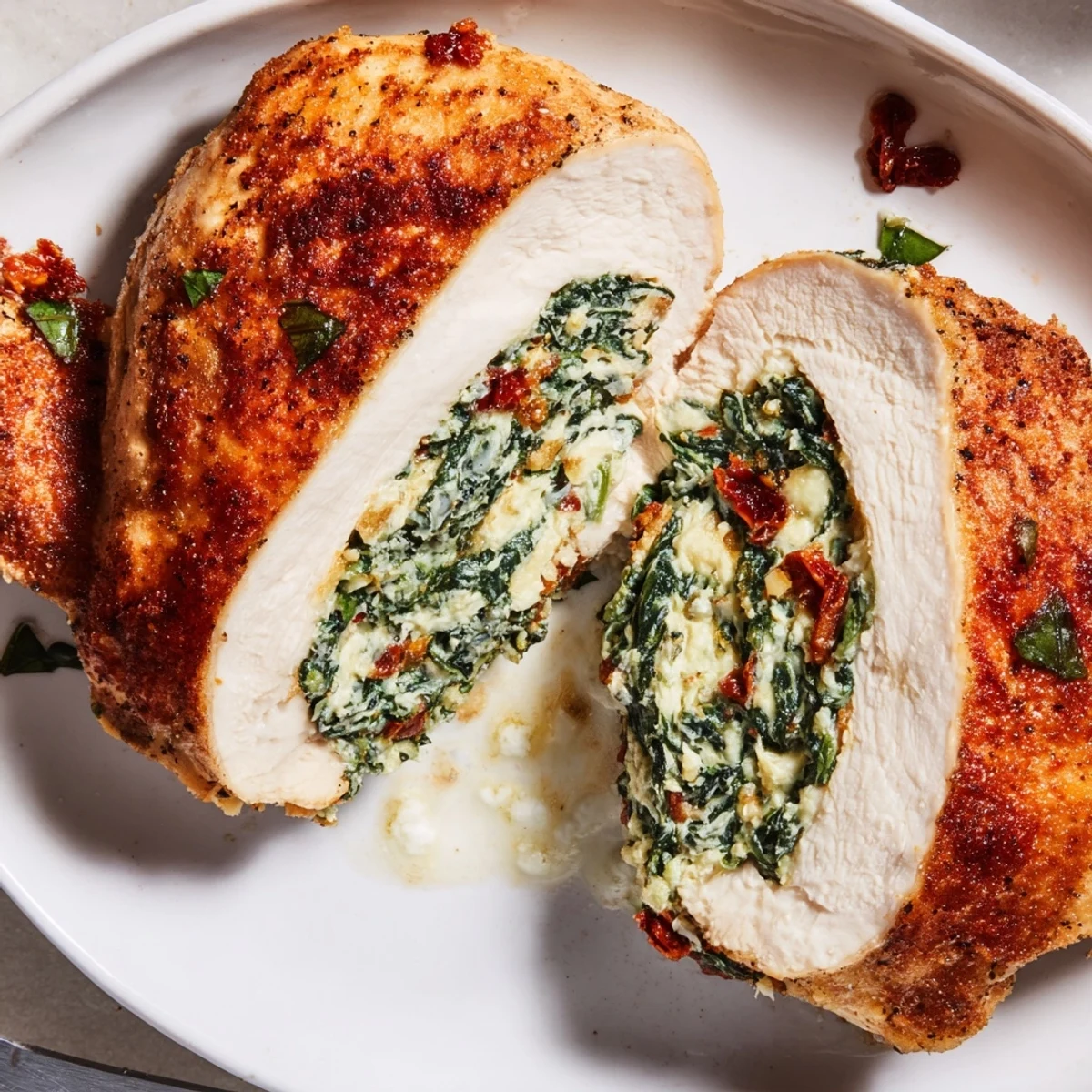 Cheesy Spinach Stuffed Chicken Sun Dried Tomato Flavor on skillet, herb-garnished and steaming.