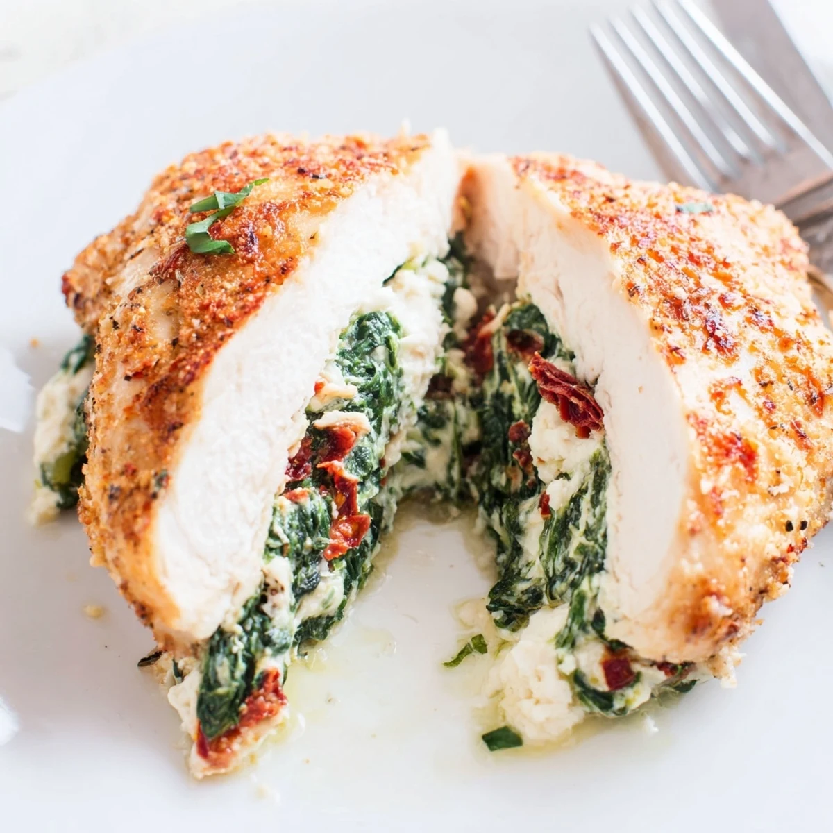 Golden seared Cheesy Spinach Stuffed Chicken Sun Dried Tomato Flavor, oozing mozzarella.