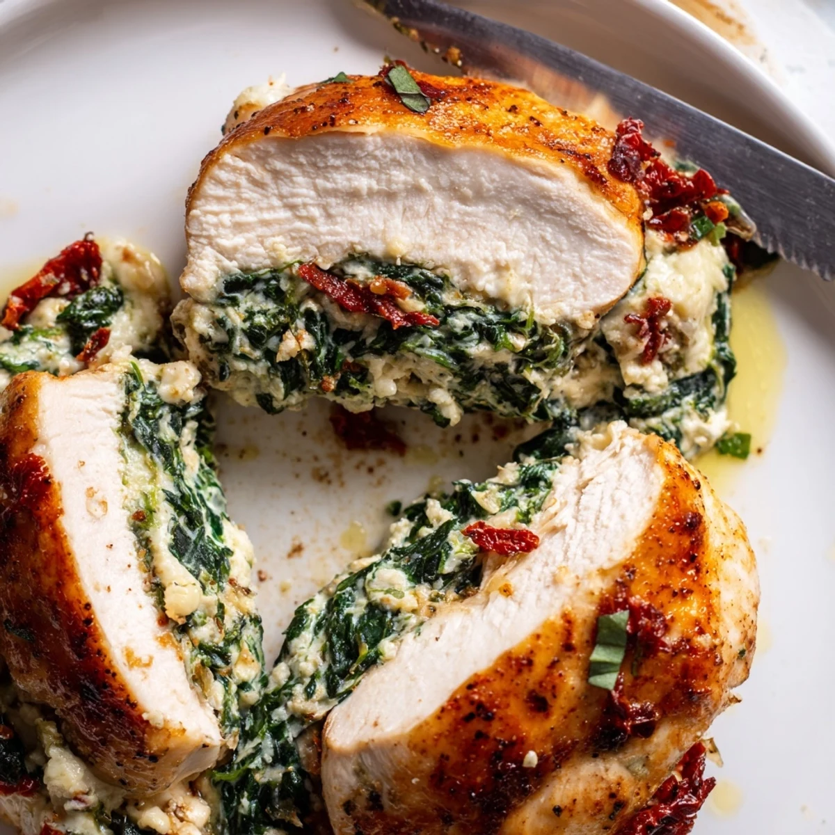 Serve Cheesy Spinach Stuffed Chicken Sun Dried Tomato Flavor with lemony roasted potatoes.