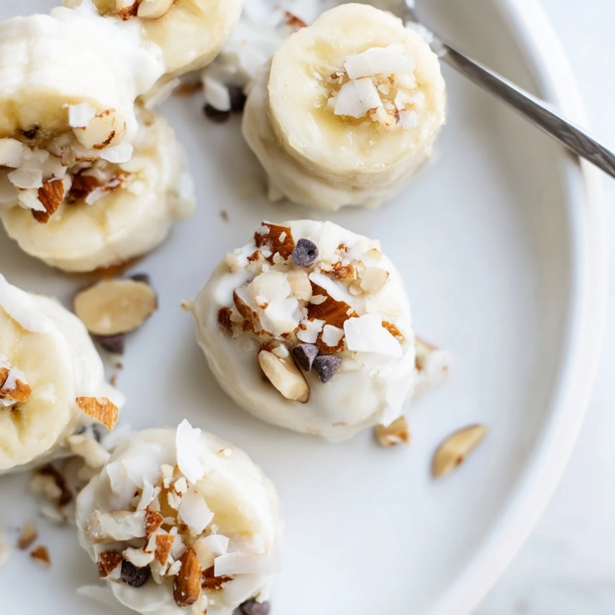 Frozen Banana Yogurt Bites arranged on parchment, creamy, icy, sprinkled with chocolate
