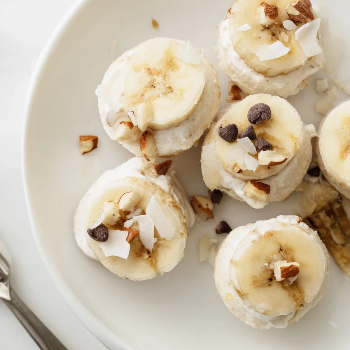 Bite-sized Frozen Banana Yogurt Bites glistening from freezer, easy healthy snack
