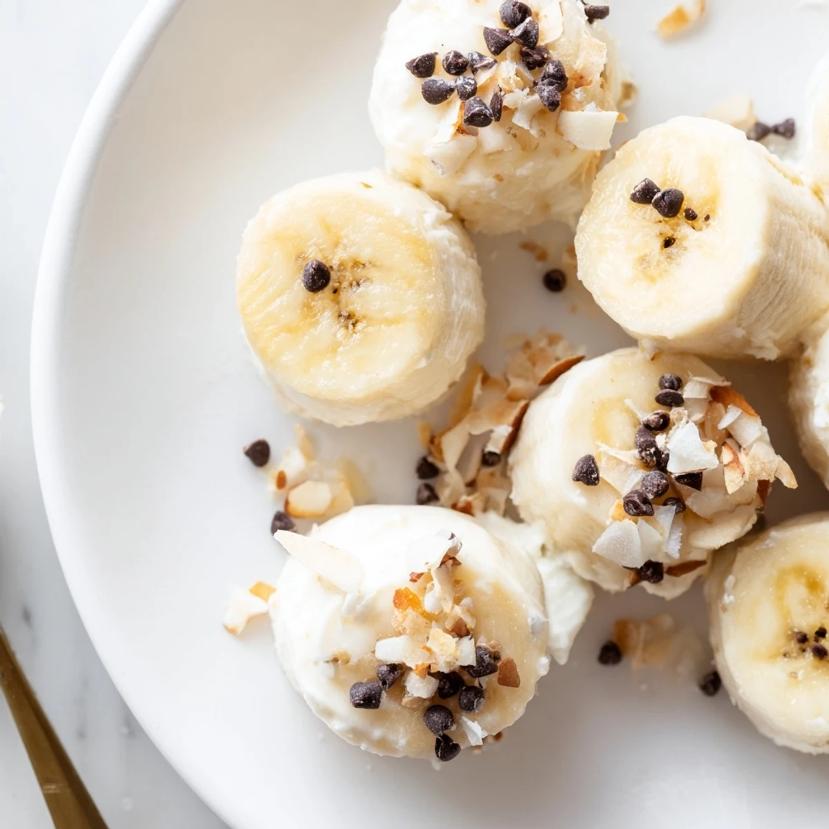 Creamy Frozen Banana Yogurt Bites on baking sheet, topped with chopped nuts