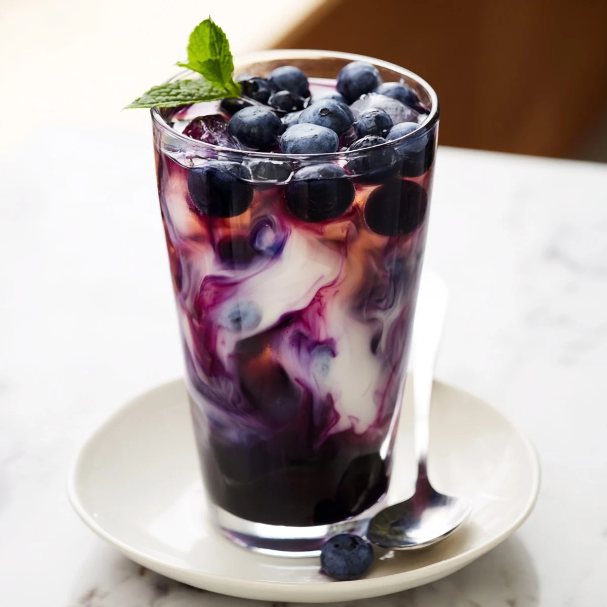 Blueberry Milk Tea Cooler poured over ice, creamy purple hue, mint garnish