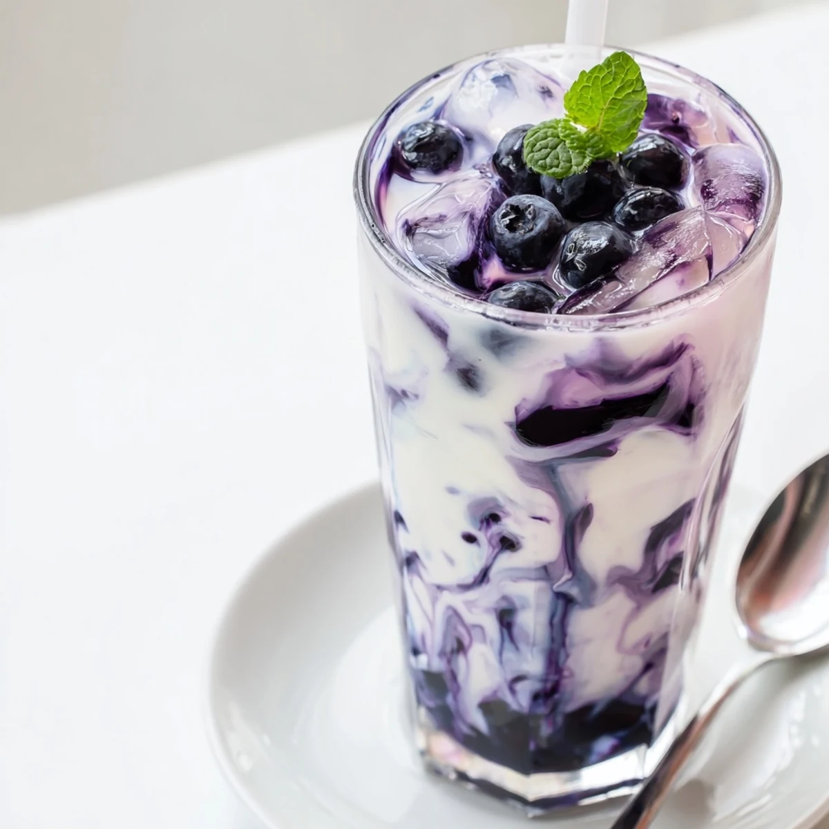 Two tall glasses of Blueberry Milk Tea Cooler, silky texture, subtle tea aroma