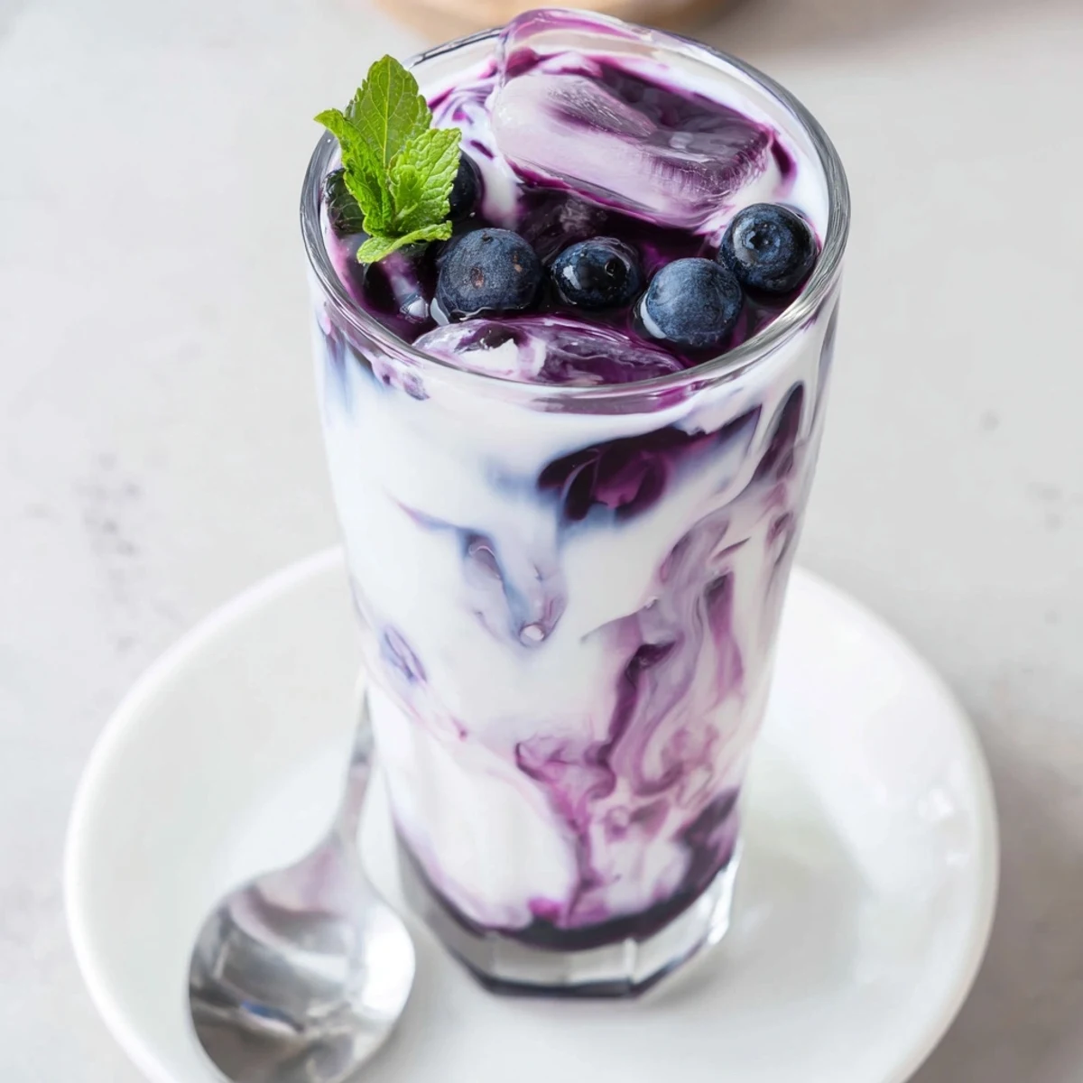 Chilled Blueberry Milk Tea Cooler with sweet tart syrup and fresh blueberries