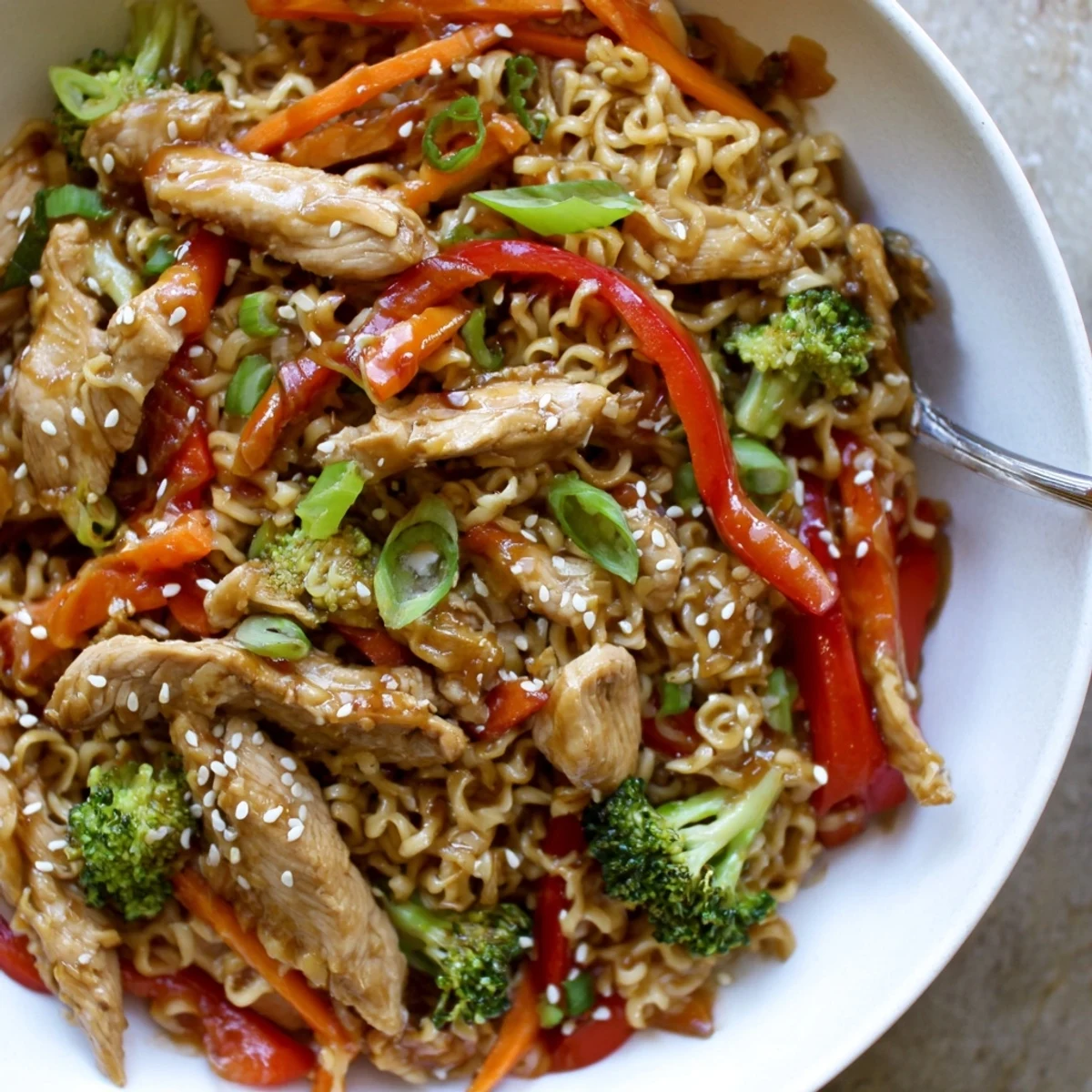 Chicken Ramen Stir Fry with glossy sauce, tender chicken and crisp vegetables