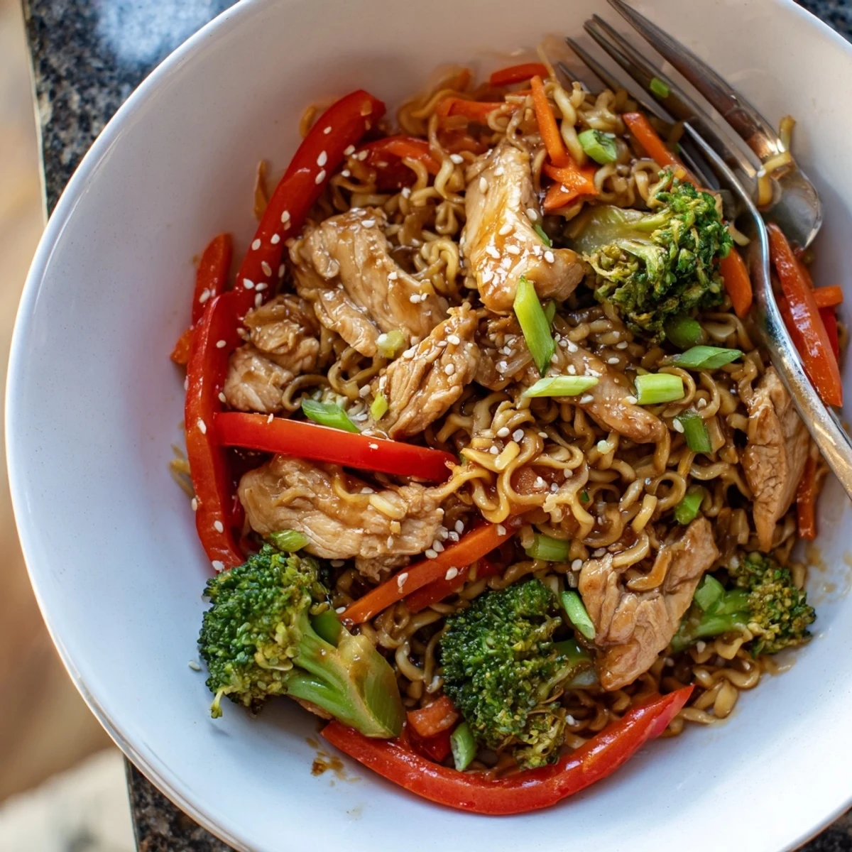 Pan-seared Chicken Ramen Stir Fry with bouncy noodles, broccoli, and sesame seeds