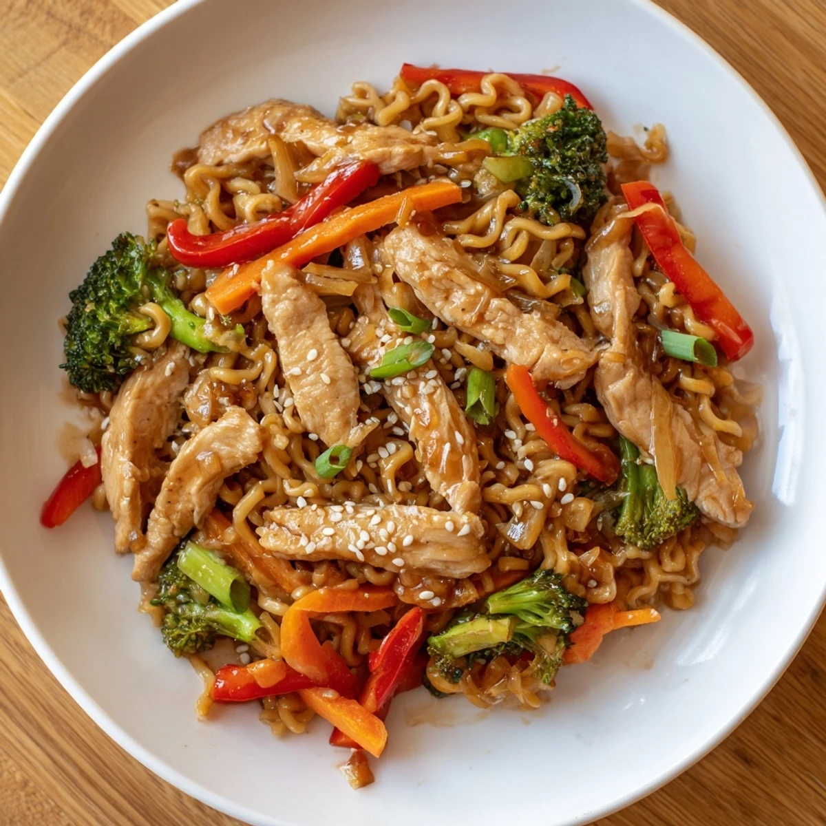 Warm Chicken Ramen Stir Fry tossed in sesame sauce, garnished with green onions