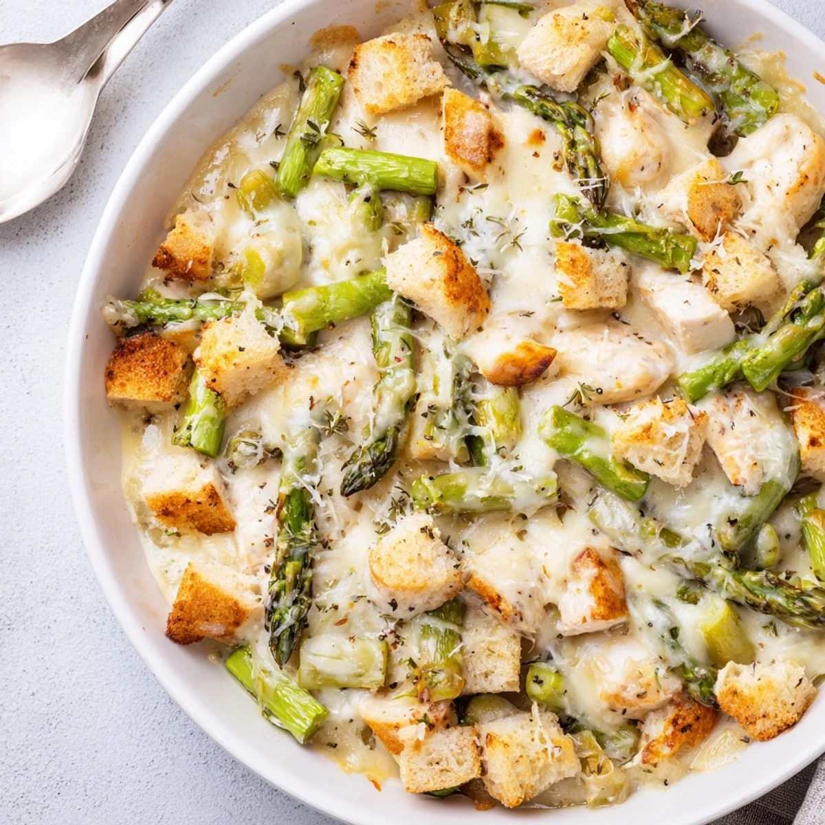 Creamy Chicken Asparagus Bake bubbling golden, tender chicken and crisp asparagus