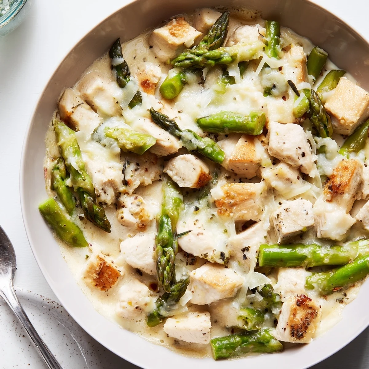 Warm Creamy Chicken Asparagus Bake served garnished with parsley, ready for dinner