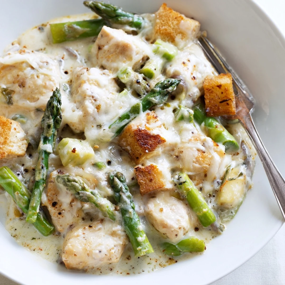 Oven-baked Creamy Chicken Asparagus Bake with melted mozzarella, aromatic thyme