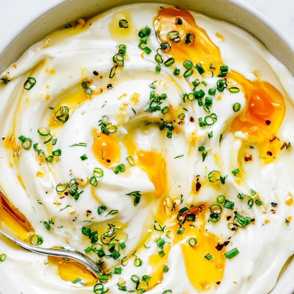 Zesty Hot Honey Ranch Dip spooned into bowl, sprinkled with chopped herbs
