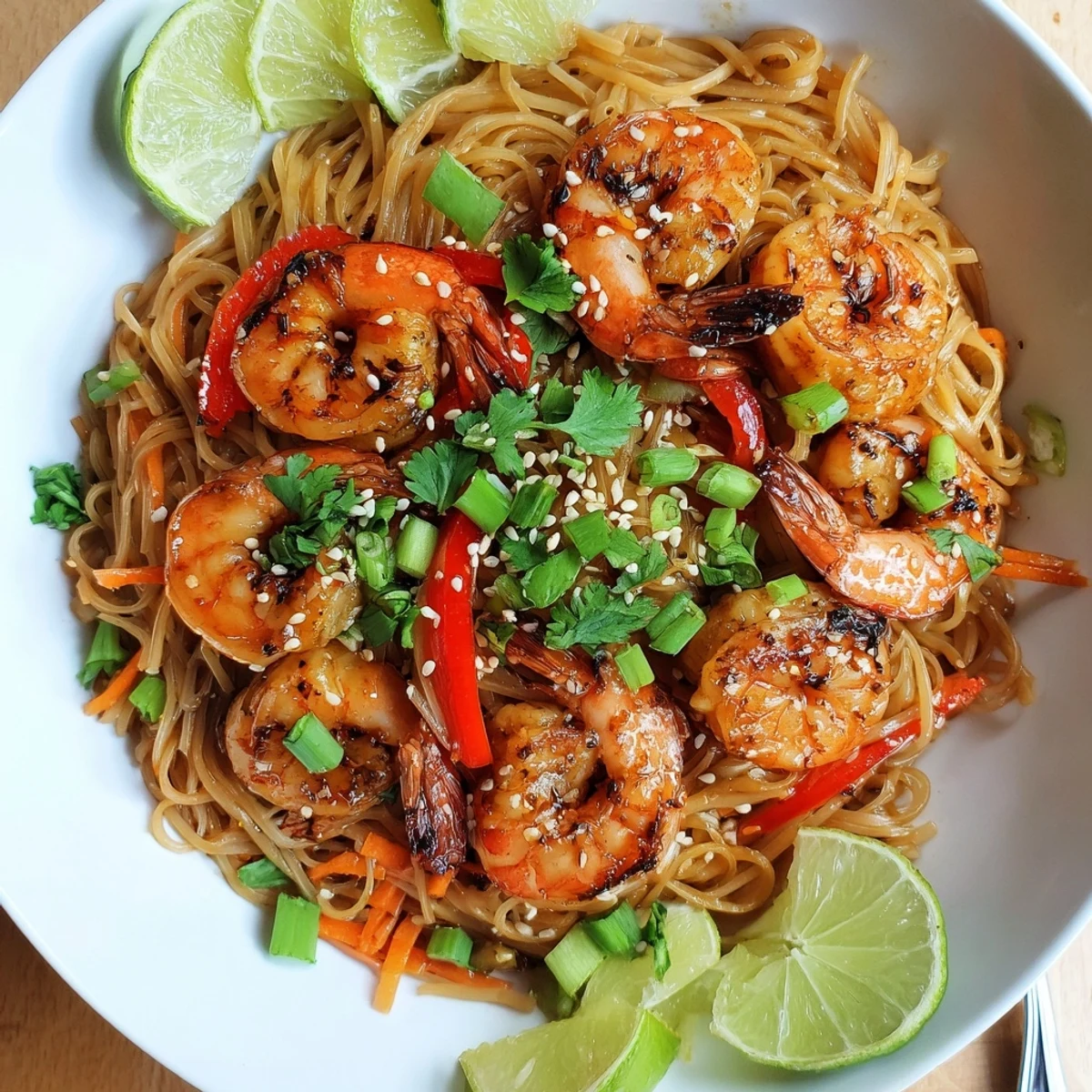 Spicy Garlic Shrimp Noodles Recipe served steaming with cilantro and lime wedge
