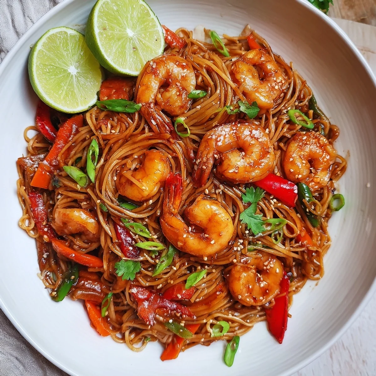 Spicy Garlic Shrimp Noodles Recipe plated with vibrant peppers, cilantro, and lime
