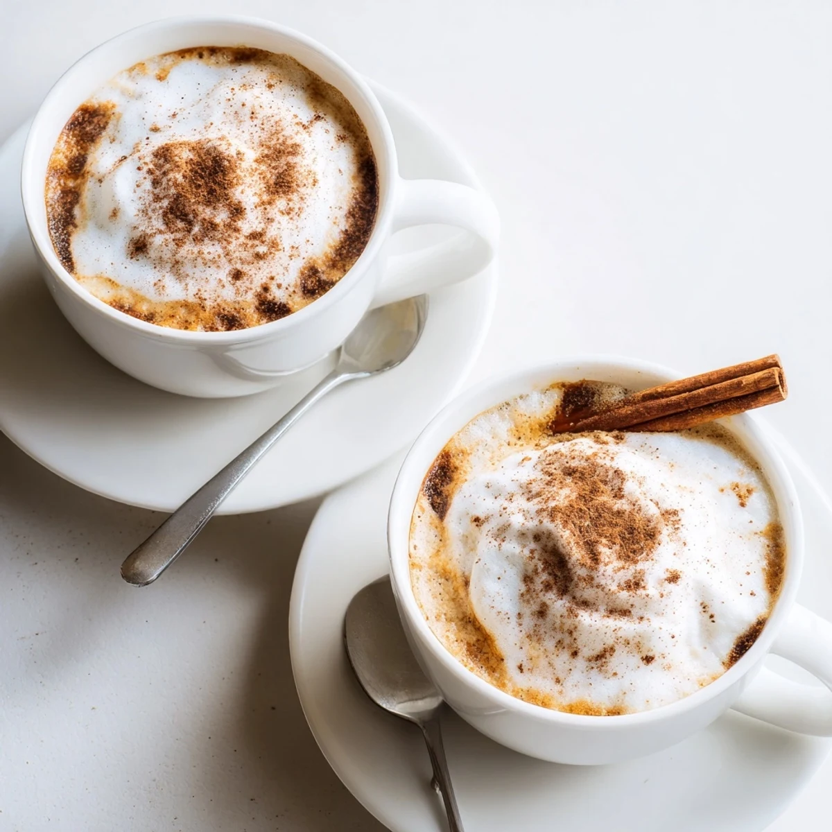 Steaming mugs of Cozy Winter Lattes with creamy froth and cinnamon stick