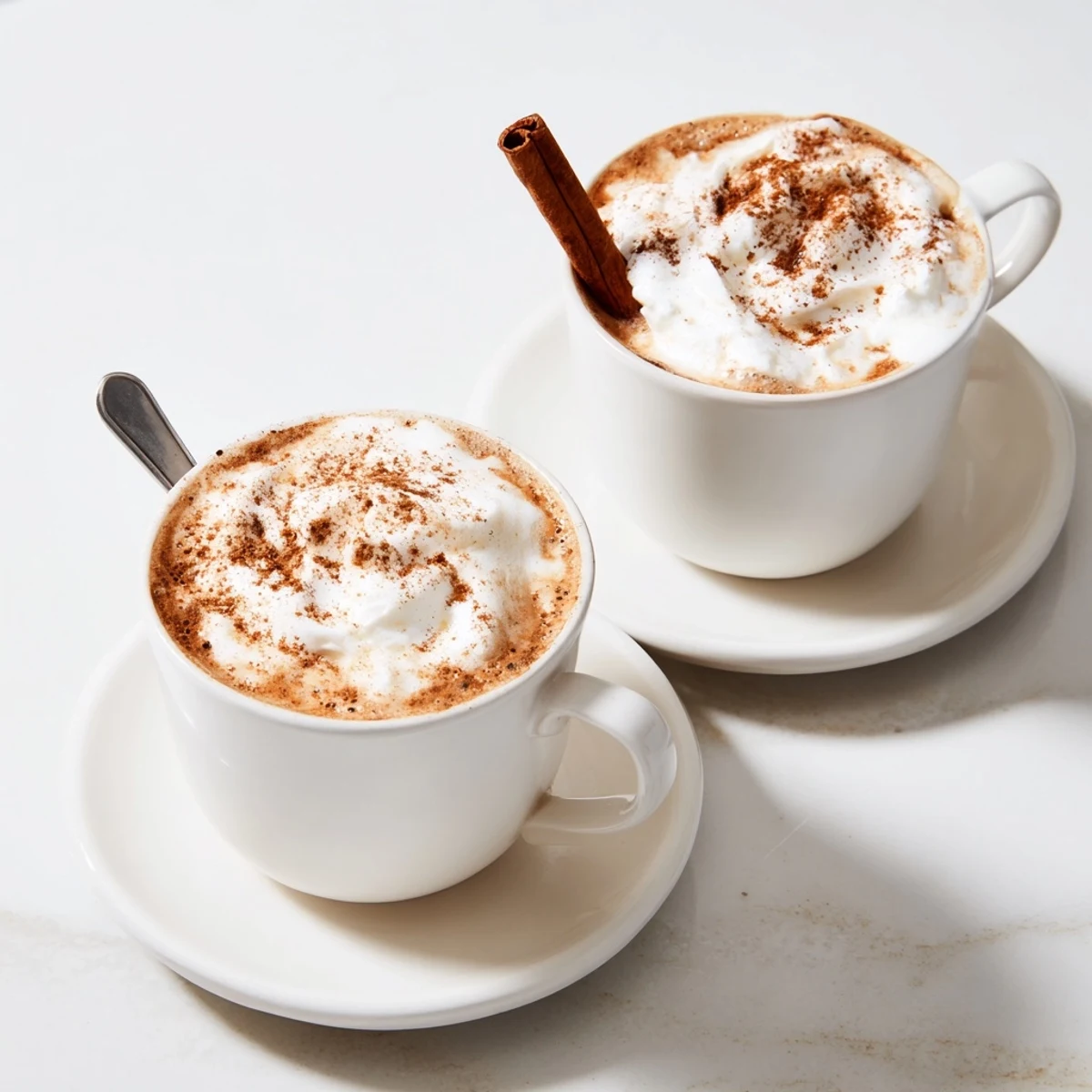 Two Cozy Winter Lattes served warm, maple sweetened and topped with whipped cream
