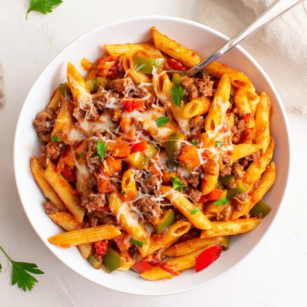 Cheesy Stuffed Pepper Skillet Pasta bubbling with melted mozzarella and vibrant peppers.