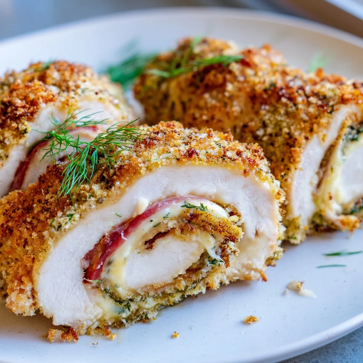 Crispy Pickle Brined Chicken Rolls sliced, golden crust with melted cheese oozing
