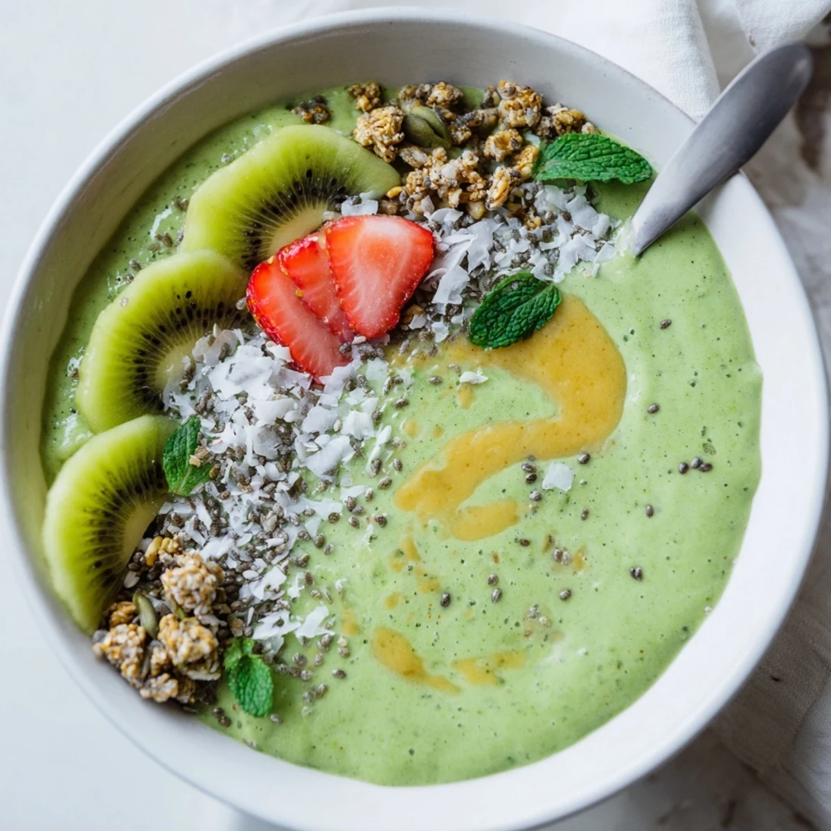 Creamy Green Smoothie Bowls served in a ceramic dish, garnished with mint
