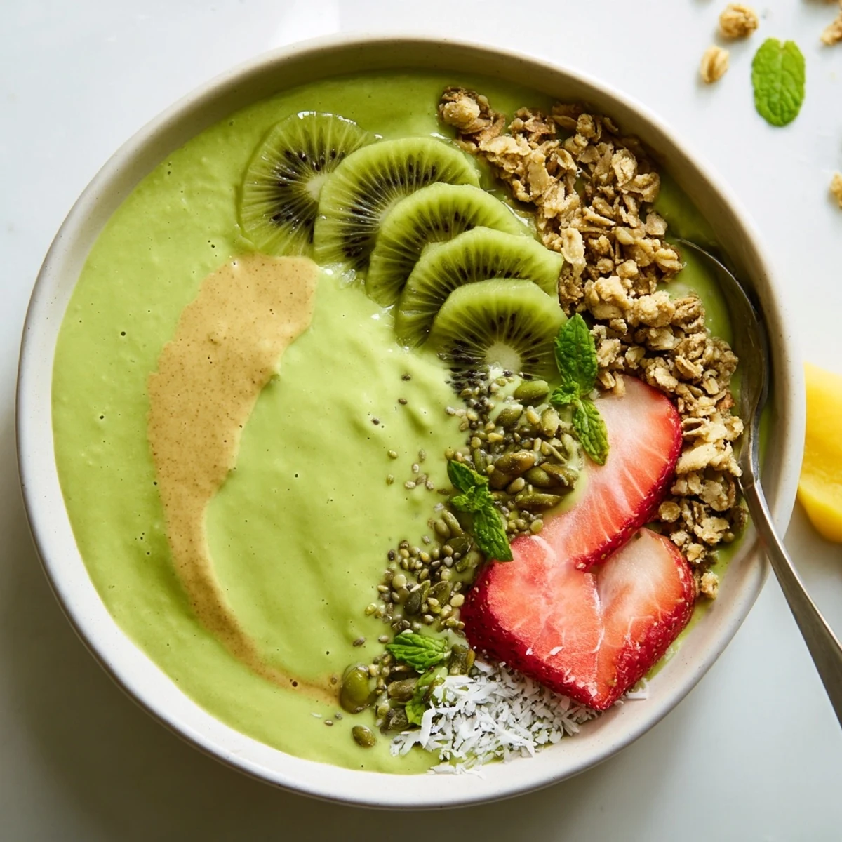 Green Smoothie Bowls topped with sliced kiwi, strawberries, granola, coconut flakes