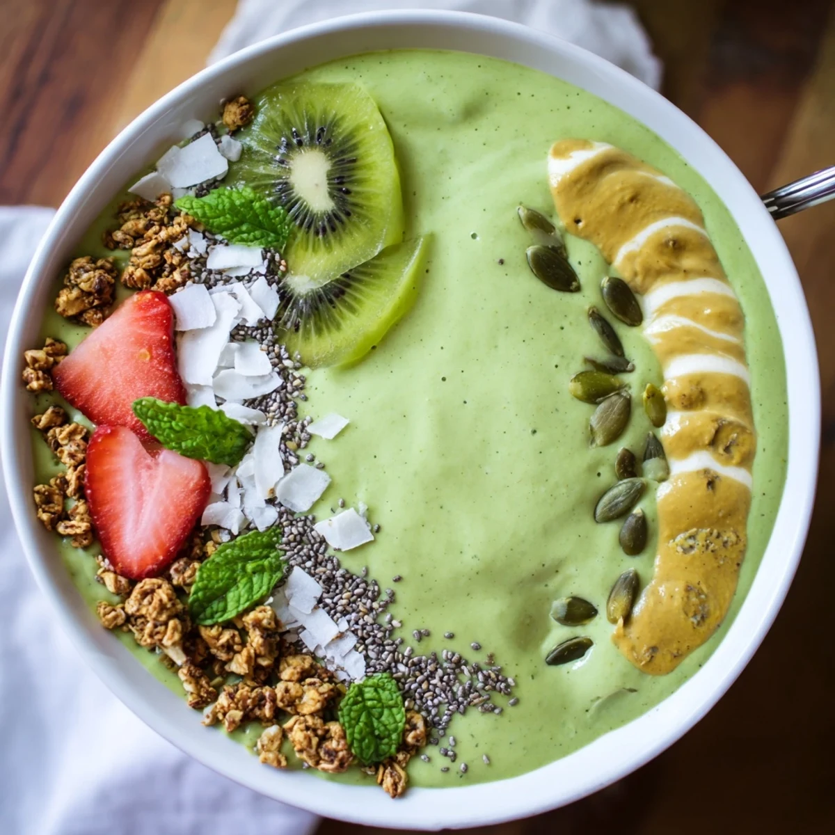 Thick Green Smoothie Bowls spoon-ready, chilled spinach-mango blend, sprinkled pumpkin seeds