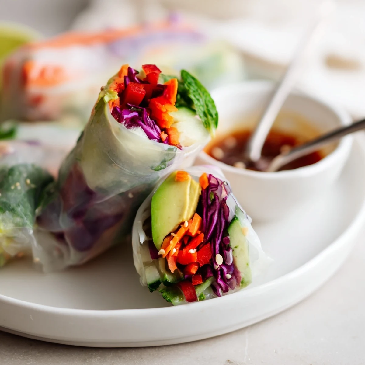 Plated Gluten Free Vegetable Spring Rolls next to tangy dipping sauce, ready