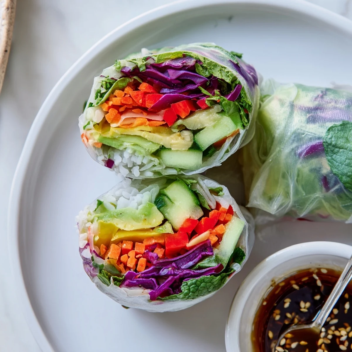 Gluten Free Vegetable Spring Rolls with bright herbs and creamy avocado slices