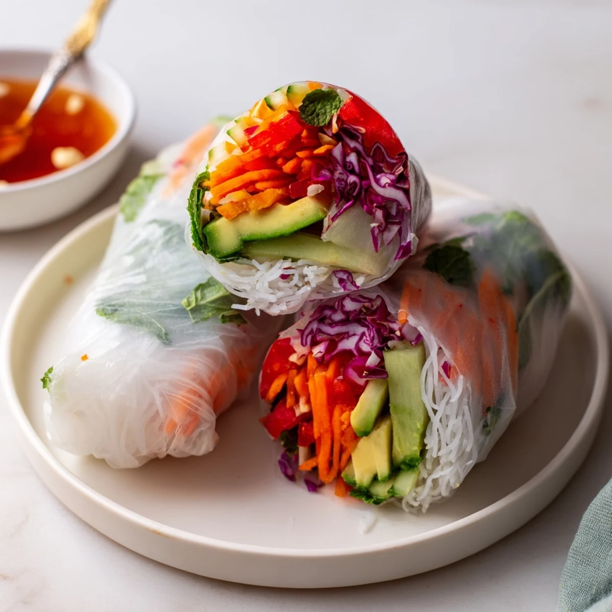Freshly rolled Gluten Free Vegetable Spring Rolls showing colorful julienned vegetables inside