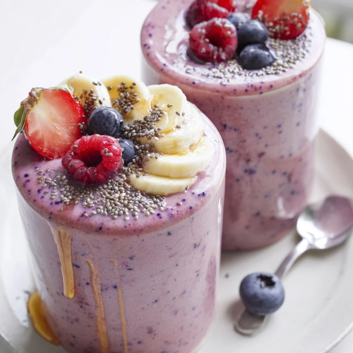 Creamy Summer Berry Smoothie in chilled glass, vibrant red-purple, tangy-sweet sip