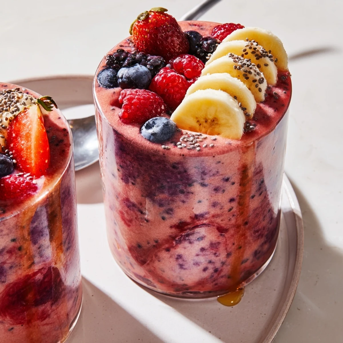 Refreshing Summer Berry Smoothie with banana and yogurt, served for breakfast