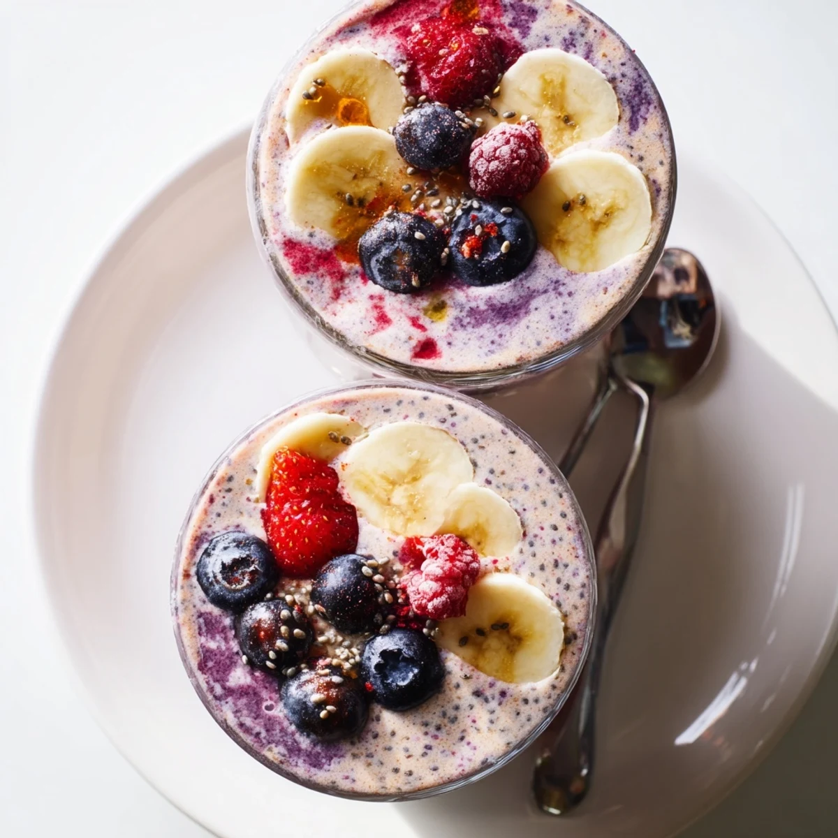 Chilled Summer Berry Smoothie topped with fresh berries and chia seeds