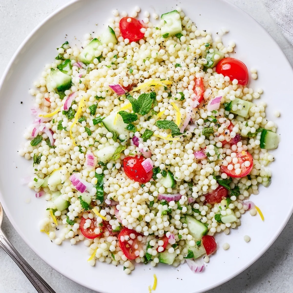 Cucumber Lemon Couscous Salad with fluffy grains, crisp cucumber, bright lemon aroma