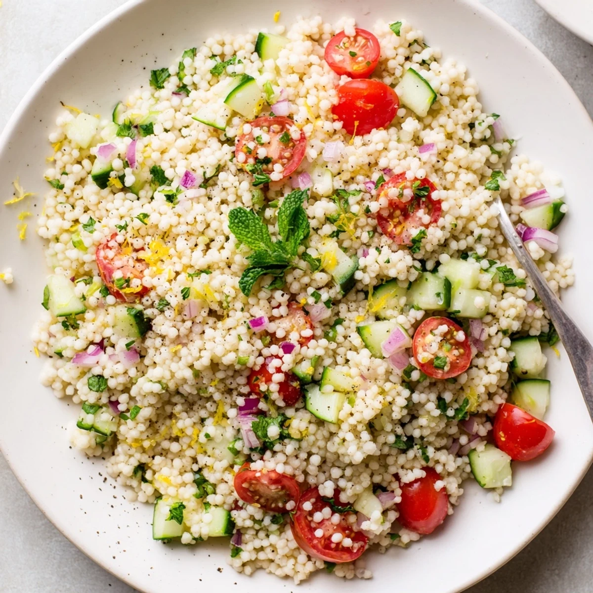 Chilled Cucumber Lemon Couscous Salad tossed with mint, tomatoes, zesty lemon dressing